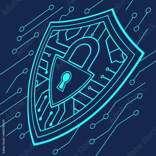 Futuristic Holographic Shield Made of Circuit Lines and Digital Elements in Purple Blue Gradient Background with White Geometric Symbols and Typography