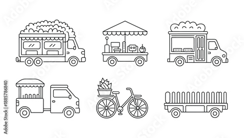 Mobile Food Vendors: Diverse illustrations of food carts, trucks, and a bicycle transformed into mobile food vendors, showcasing a range of culinary offerings and entrepreneurial flair.