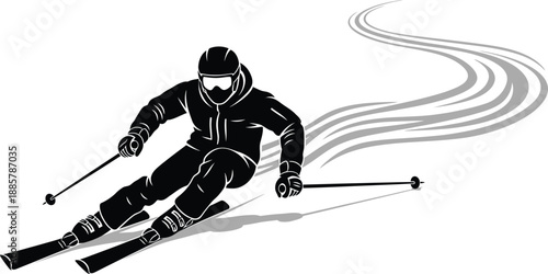 Skier in black outfit skiing down a snow covered mountain trail with ski poles