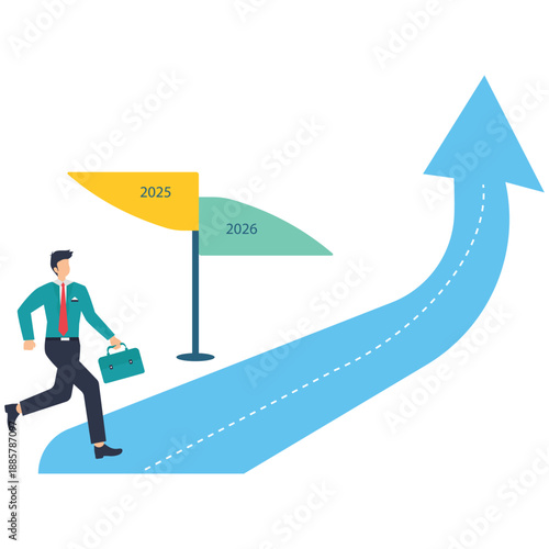 Businessman running towards future success with briefcase in hand