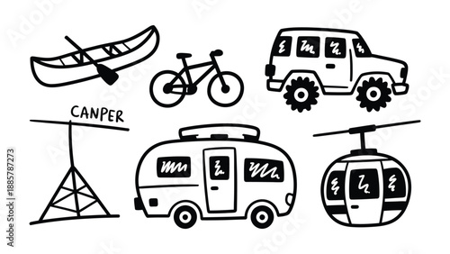 Adventurous Escapades: A collection of outdoor travel equipment illustrations, each capturing the essence of adventure and exploration, perfect for inspiring wanderlust and excitement.