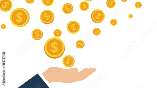 Golden dollar coins falling from above into an open hand representing financial success, savings, or wealth accumulation.