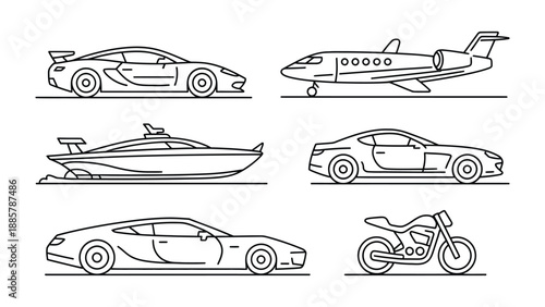 Vehicular Visions: An array of luxury vehicles and a motorcycle, each rendered in sleek, minimalist linework.