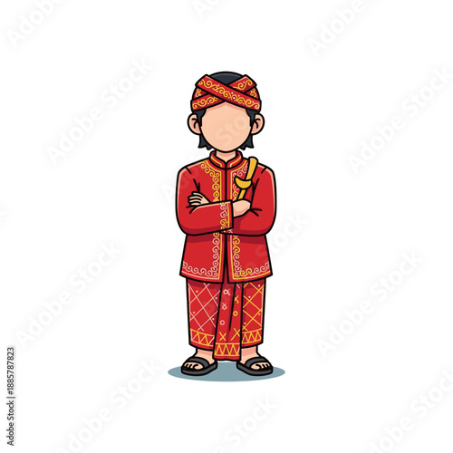 Cartoon illustration of a man in traditional red attire with golden accents.