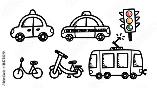Transportation Doodle Set: A charming doodle set featuring various modes of transportation, illustrating a whimsical journey through streets and avenues. The set includes a taxi, car, bike, scooter.