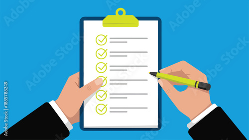 business checklist clipboard with hand holding pen task management planning and completion concept flat vector illustration