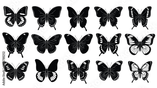 Various solid black butterfly silhouettes in different positions and wing shapes for nature and spring themes.