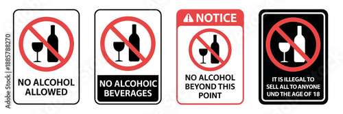 No Alcohol Vector, Prohibition Sign Set for Alcoholic Beverages and Spirits