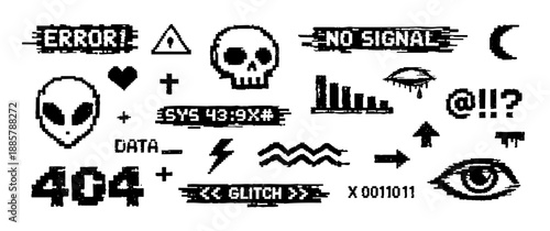 Collection of retro 8-bit pixel art glitch icons and error symbols on a white background. Cyberpunk and vaporwave aesthetic design elements.