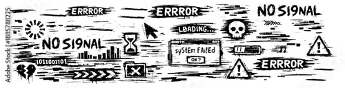 Hand-drawn glitch art collection featuring digital error messages, loading symbols, and computer icons in a distorted black and white grunge style.