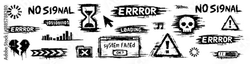 Black and white glitch art collection featuring system error messages, technical icons, and digital failure symbols in a grunge cyberpunk style.