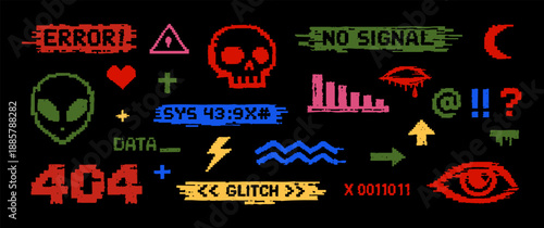 Collection of colorful glitch pixel art icons and error messages on a black background, featuring cyberpunk and y2k aesthetic elements.