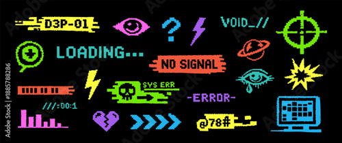 Vibrant pixel art glitch elements and retro computer icons, including a skull, heart, and error messages, on a black background.