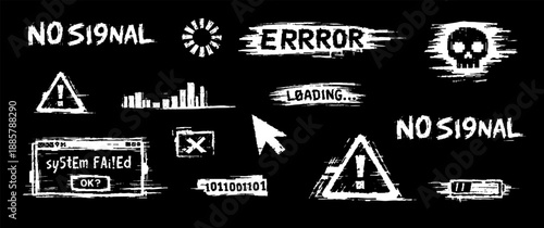 Set of white glitchy digital error icons and text on a black background, featuring system failure, no signal, loading, and warning symbols.