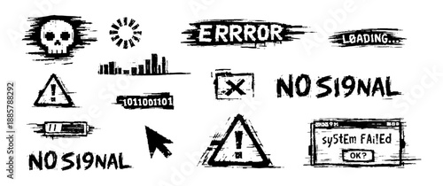 Set of glitchy digital error icons and text including system failed messages, skulls, and warning signs in a grungy black and white style.