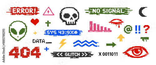 Collection of retro pixel art glitch icons and error messages including skull, alien, and 404 text for digital design and hacker aesthetic.