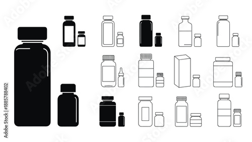Pharmaceutical packaging icons presented in various styles including solid silhouettes and detailed line outlines.