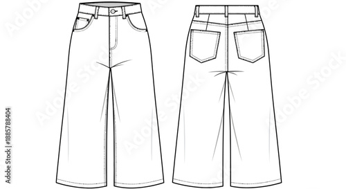 Women's Denim Wide-Leg Trousers Technical Flat Sketch Vector Template with High Waist and Large Back Pockets