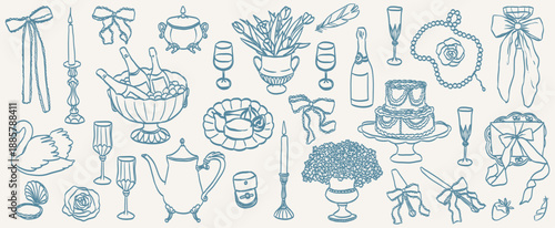 Hand drawn wedding ceremony illustrations. Bride icons in baroque or rococo style with whimsy elegant frames and pearl with lace decorations. Wedding borders and elements for invitations and menus.