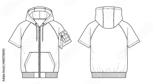 Short Sleeve Zip-Up Hoodie Technical Flat Sketch Vector Template with Raglan Sleeves and Utility Pocket