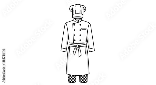 Chef Uniform Technical Flat Sketch Vector Template with Double Breasted Jacket Hat and Apron