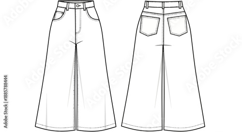 Women's Denim Wide-Leg Trousers Technical Flat Sketch Vector Template with High Waist and Large Back Pockets