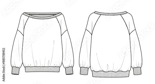 Women's Off-Shoulder Raglan Sweatshirt Technical Flat Sketch Vector Template with Oversized Fit and Ribbed Cuffs