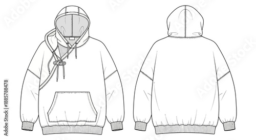 Women's Denim Wide-Leg Trousers Technical Flat Sketch Vector Template with High Waist and Large Back Pockets