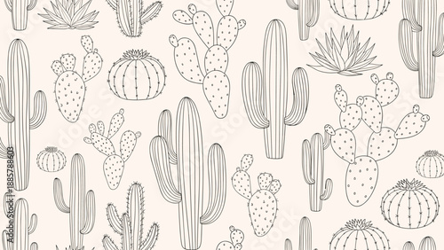 Seamless line art pattern of various desert cacti and succulents on a warm light beige background for nature themes.