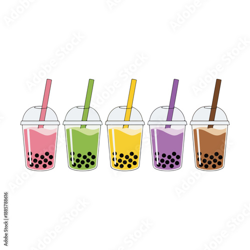 Five Colorful Bubble Tea Cups Vector Illustration