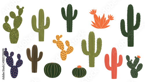 Diverse collection of colorful cactus icons in various shapes and sizes representing different desert plant species.
