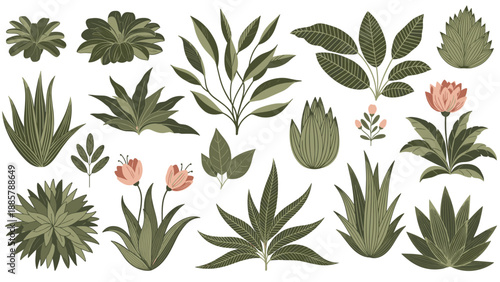 Collection of green plant and leaf icons in various styles including whole plants, individual leaves, and branches.