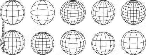 Wireframe globes in various orientations and perspectives
