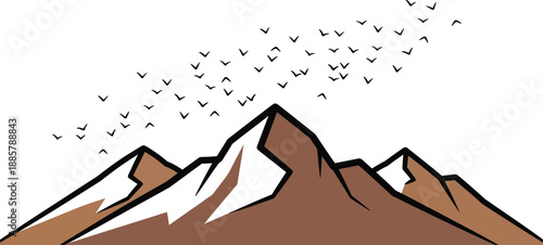 Stylized illustration of several birds soaring high above the sharp peaks of majestic brown mountains against a pale gradient sky representing freedom and adventure travel.