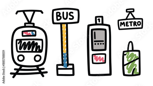 Urban Transit Icons: A collection of simple, hand-drawn icons representing various modes of urban public transit, including a train, bus stop, and metro sign.