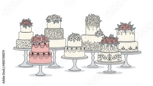 Elegant collection of tiered wedding and celebration cakes beautifully decorated with intricate floral designs, patterns, and swirls for events.