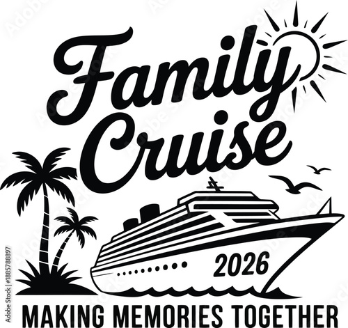 Family cruise vacation with cruise ship and palm trees