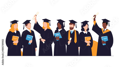 Group of diverse graduating students wearing academic gowns and caps while holding their diplomas and books with joy at a graduation ceremony.
