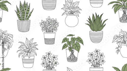 Seamless pattern of various hand drawn indoor potted plants in a line art sketch style with subtle green accents on a clean white background.