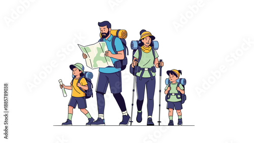 Illustration of a happy family of four including parents and children going on a mountain hiking trip with backpacks, maps, and walking sticks.