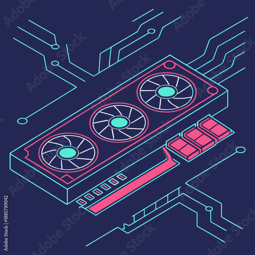 Futuristic GPU Card with Neon Circuit Traces Vector Graphic Design