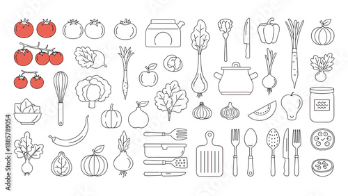 Comprehensive set of kitchenware icons and vegetable outlines with red accents featuring tomatoes, pots, pans, utensils, and fresh produce items.