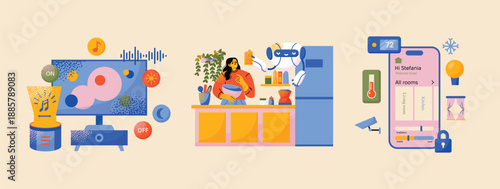 Smart home humanoid robots assisting household tasks and connected devices in modern interior. Flat vector illustration on background. Home automation and artificial intelligence technology concept