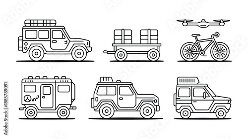 Diverse Transport Vector Illustration: A vector illustration showcasing an array of transportation modes, each designed with clean lines and a modern aesthetic. Suitable for various design projects.