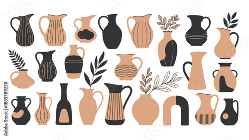 Beautiful collection of stylized ceramic vases and jugs in earth tones and black, some holding decorative leaves and branches for interior decor.