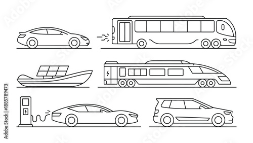 Line Art Transport Vehicles: A collection of various modern transport options, meticulously outlined with clean lines, including an electric car, a bus, a boat, a train, a charging station.