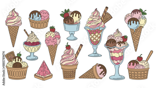 Delightful collection of various ice cream treats including scoops in bowls, sundaes with toppings, cones, and cake slices for a dessert menu.