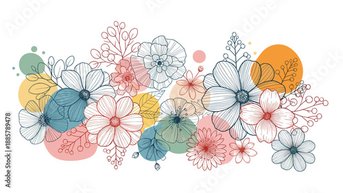Artistic floral arrangement featuring detailed line art flowers and leaves overlaying soft colorful circles for a modern and feminine botanical design.
