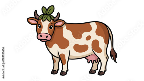 The Cheerful Cow: A whimsical illustration of a friendly cow with a unique leafy accessory, bringing a touch of farm charm.