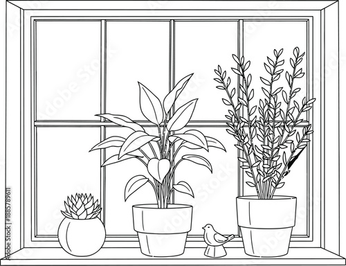 Houseplants resting on a bright window sill captured in a simple black and white line art illustration ready for coloring or design use